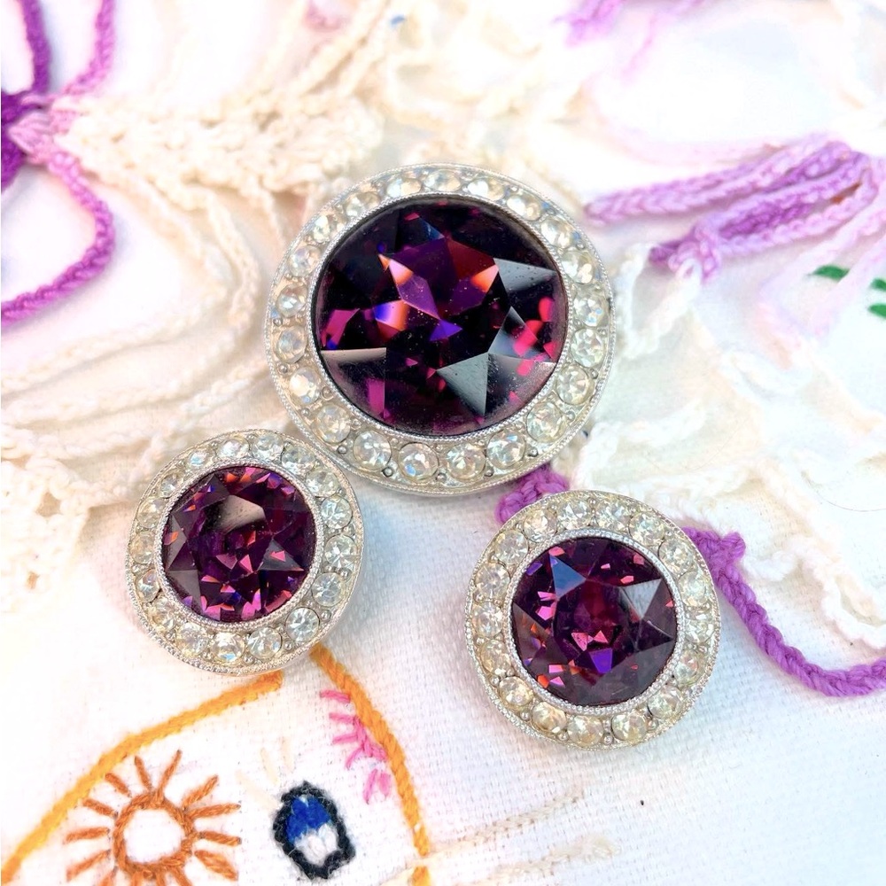 Sarah Coventry purple rhinestones earrings and brooch set